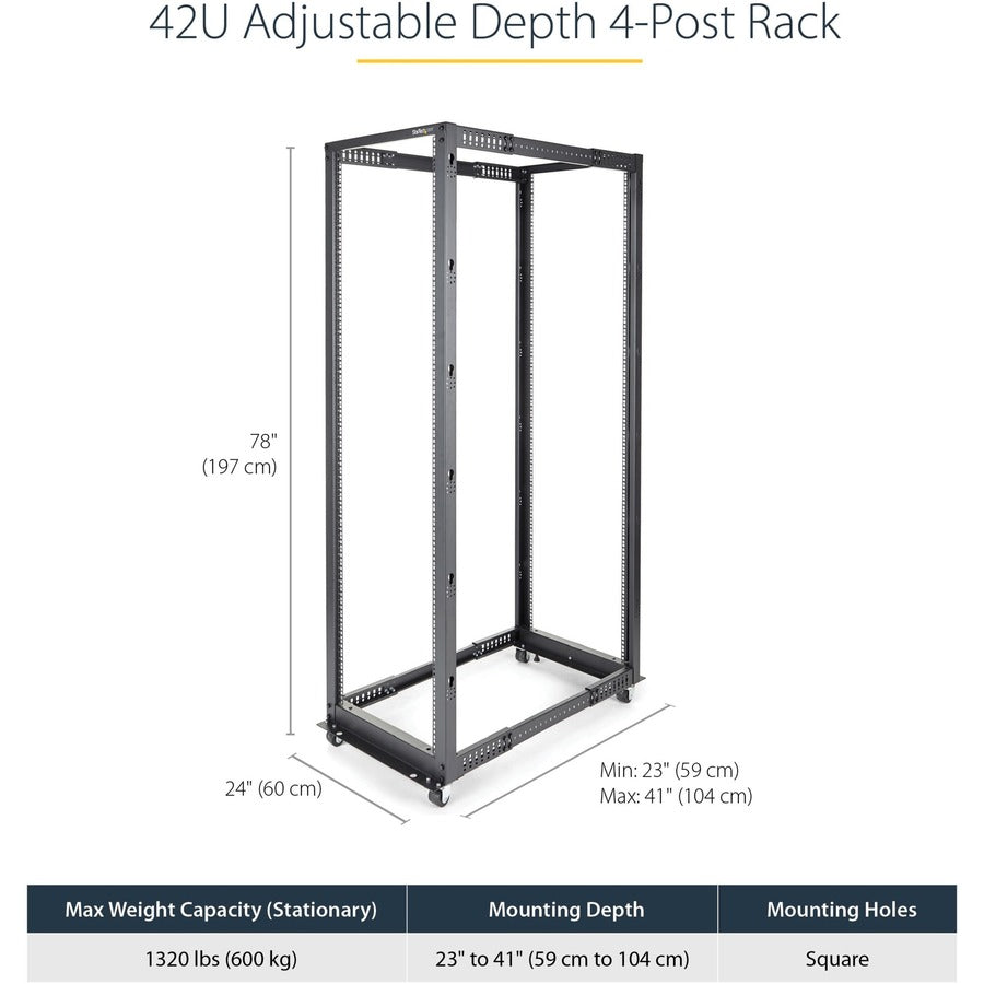 StarTech.com 42U Adjustable Depth Open Frame 4 Post Server Rack Cabinet - Flat Pack w/ Casters, Levelers and Cable Management Hooks 4POSTRACK42