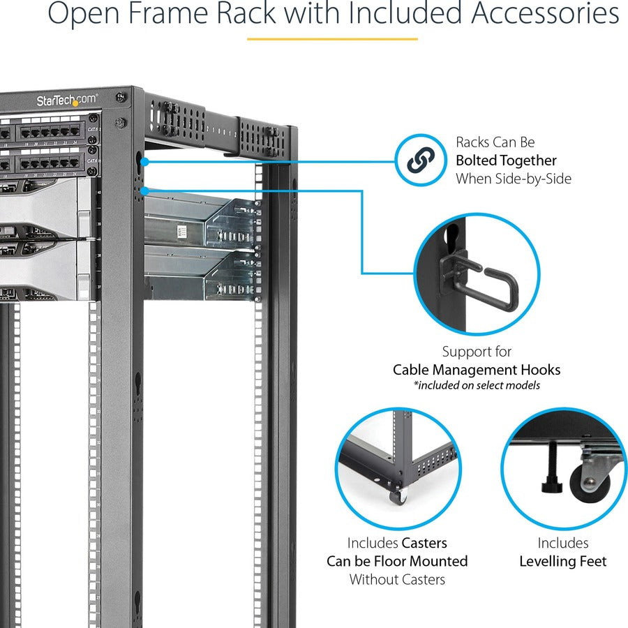 StarTech.com 42U Adjustable Depth Open Frame 4 Post Server Rack Cabinet - Flat Pack w/ Casters, Levelers and Cable Management Hooks 4POSTRACK42