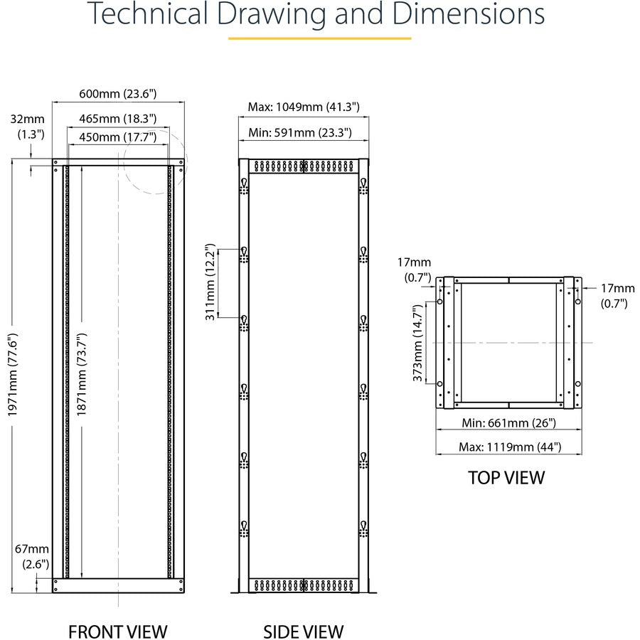 StarTech.com 42U Adjustable Depth Open Frame 4 Post Server Rack Cabinet - Flat Pack w/ Casters, Levelers and Cable Management Hooks 4POSTRACK42