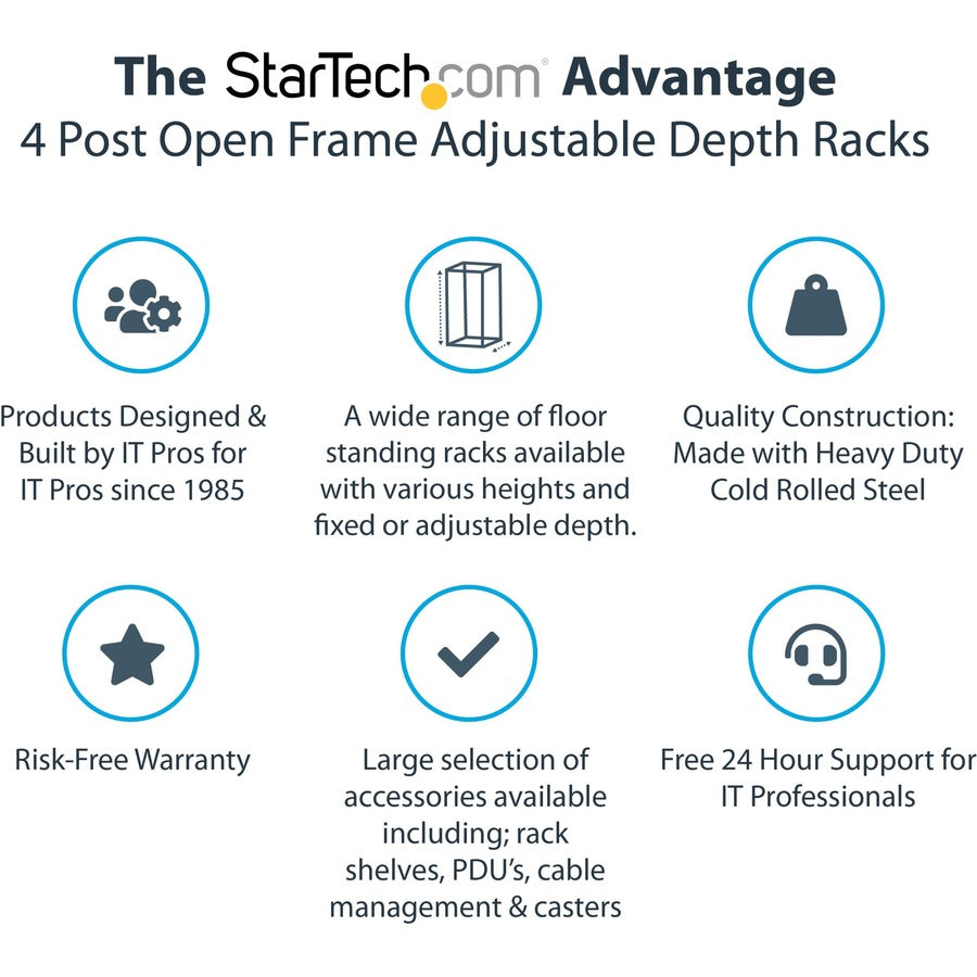 StarTech.com 18U 19" Open Frame Server Rack - 4 Post, Adjustable Depth 22 to 40" - Mobile Network Equipment Rack - HP ProLiant ThinkServer 4POSTRACK18U