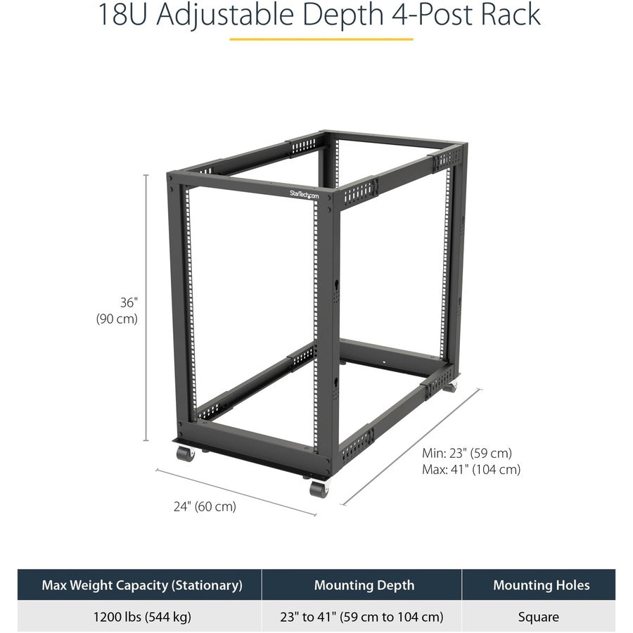 StarTech.com 18U 19" Open Frame Server Rack - 4 Post, Adjustable Depth 22 to 40" - Mobile Network Equipment Rack - HP ProLiant ThinkServer 4POSTRACK18U