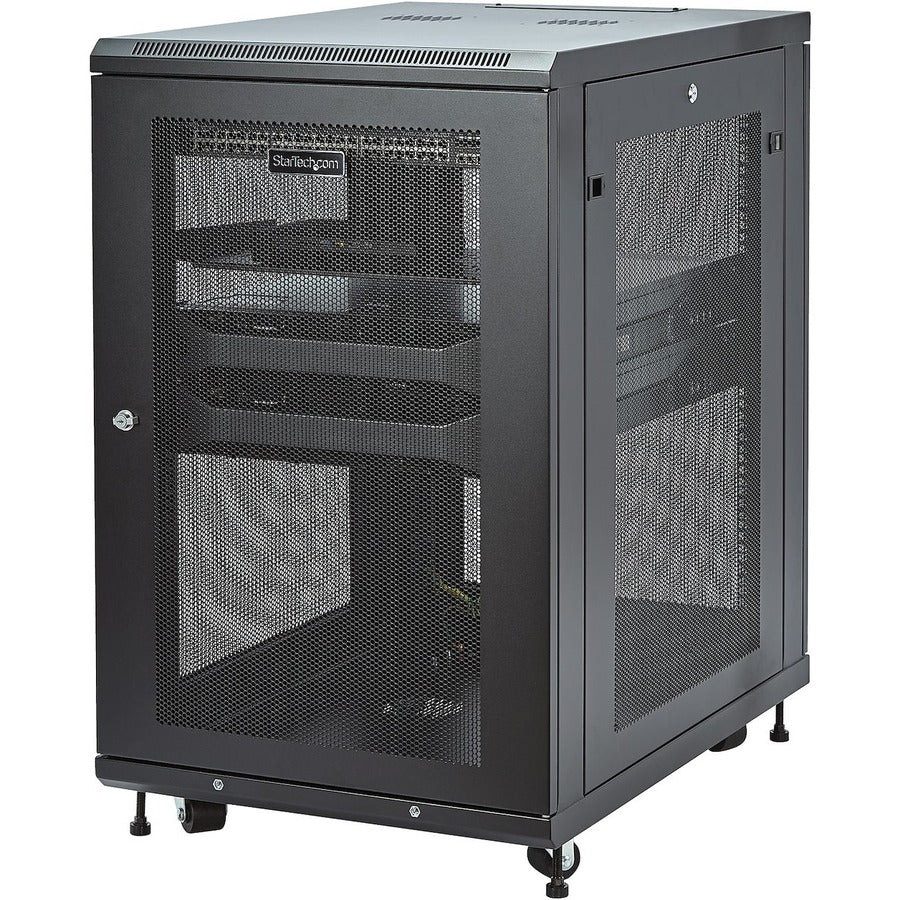 StarTech.com 18U 19" Server Rack Cabinet 4 Post Adjustable Depth 2-30" w/Casters/Cable Management/1U Shelf, Locking Doors and Side Panels RK1833BKM