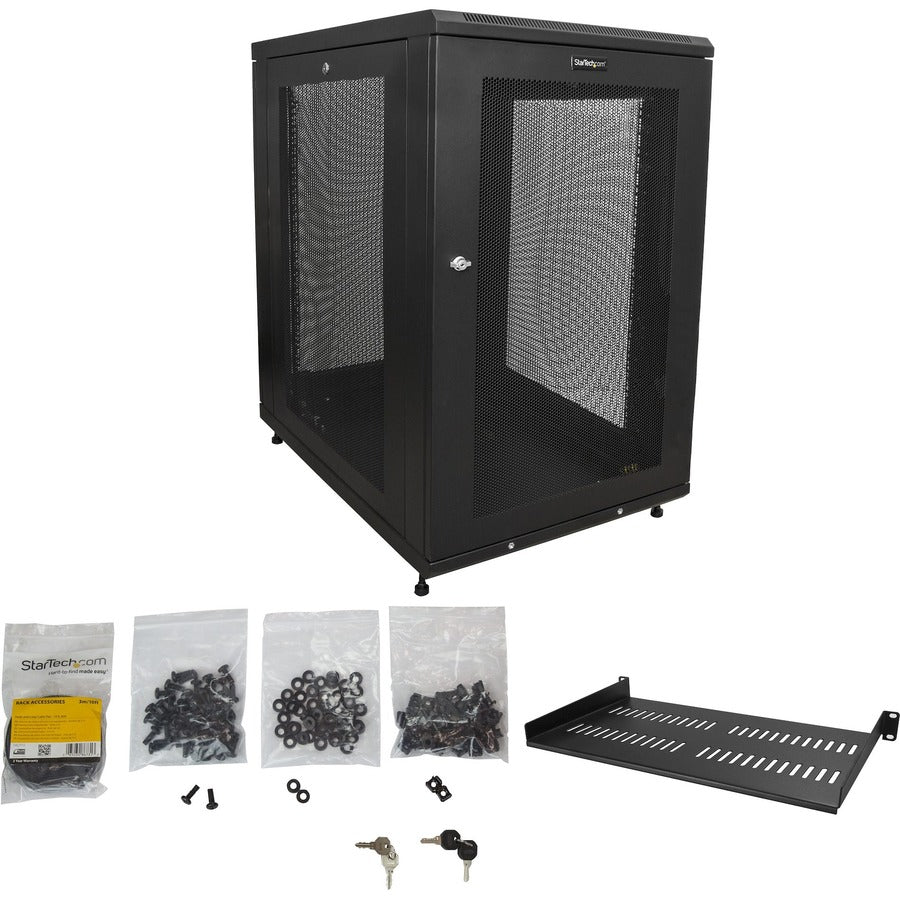 StarTech.com 18U 19" Server Rack Cabinet 4 Post Adjustable Depth 2-30" w/Casters/Cable Management/1U Shelf, Locking Doors and Side Panels RK1833BKM