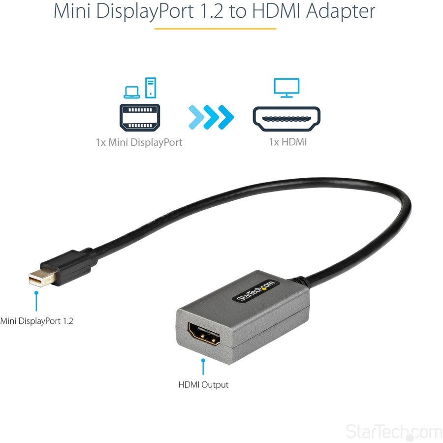 StarTech.com Mini DisplayPort to HDMI Adapter, mDP to HDMI Adapter Dongle, 1080p, Mini DP 1.2 to HDMI Video Converter, 12" Long Cable MDP2HDEC