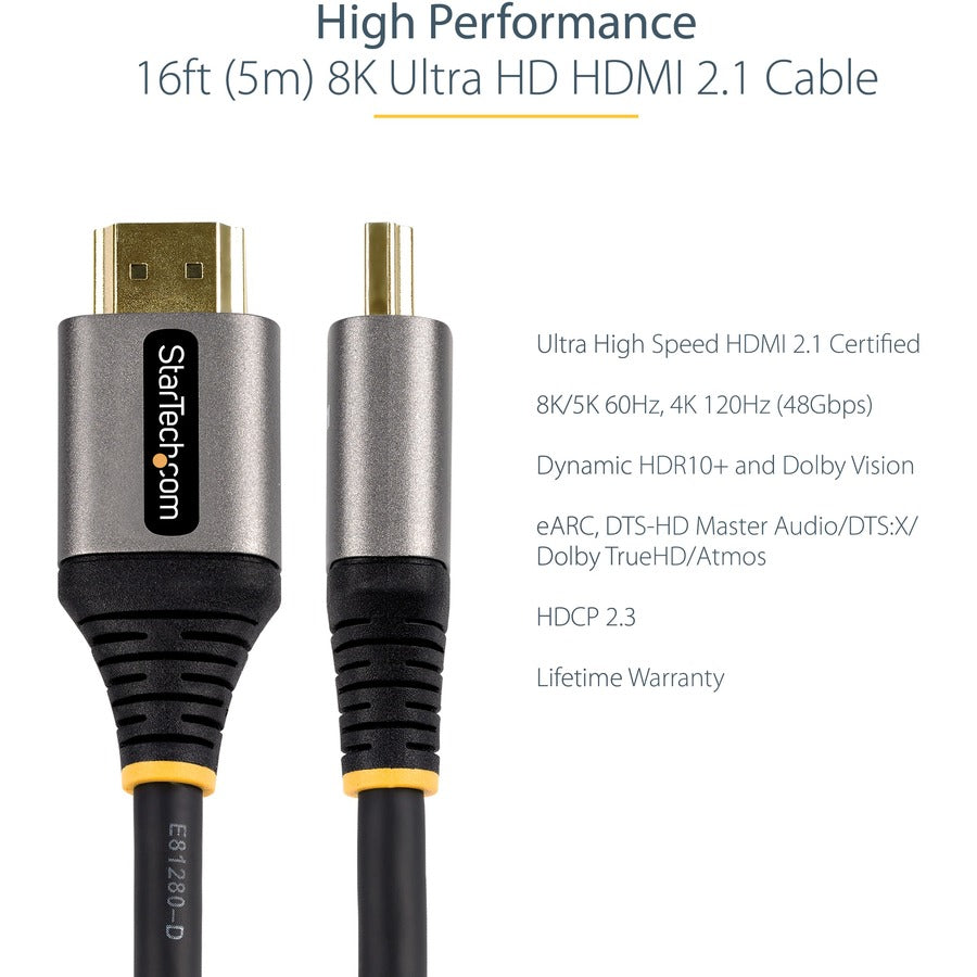 StarTech.com 16ft/5m HDMI 2.1 Cable, Certified Ultra High Speed HDMI Cable 48Gbps, 8K 60Hz/4K 120Hz HDR10+, 8K HDMI Cable, Monitor/Display HDMM21V5M