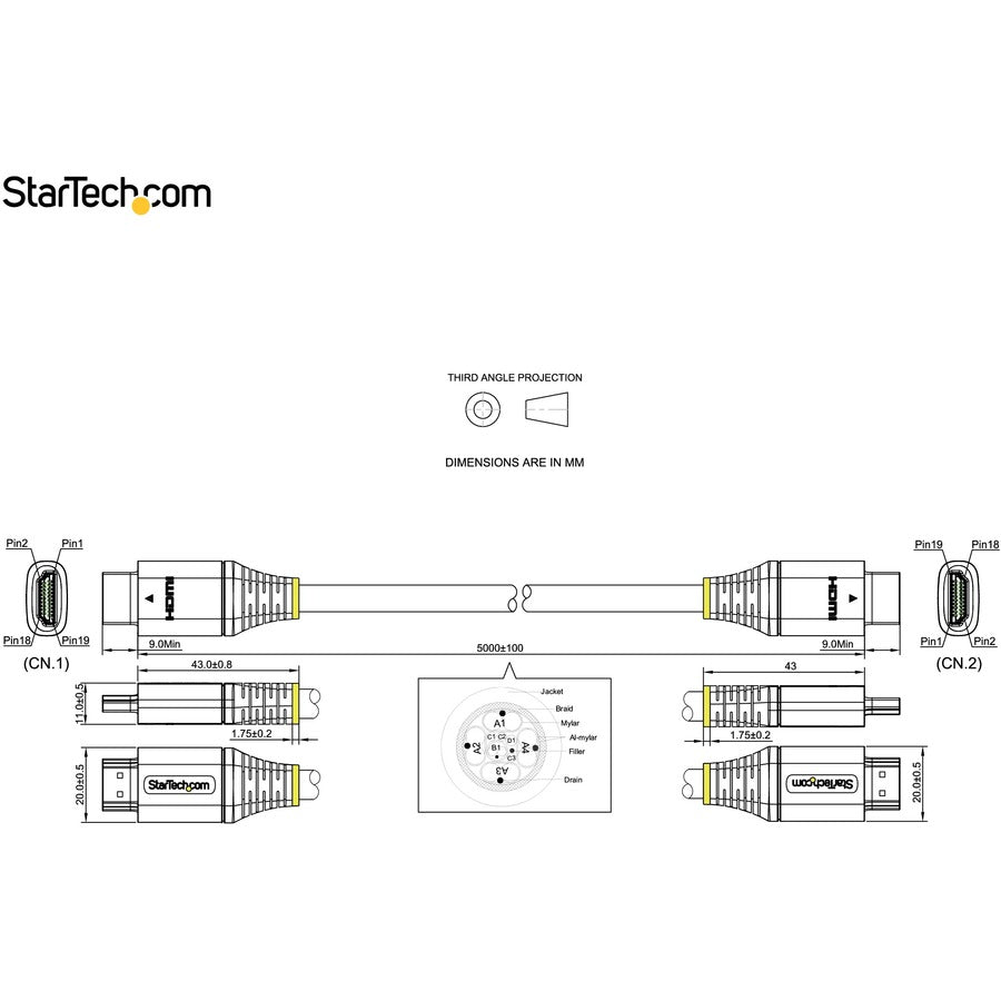 StarTech.com Câble HDMI 2.1 de 5 m, câble HDMI ultra haut débit certifié 48 Gbit/s, 8K 60 Hz/4K 120 Hz HDR10+, câble HDMI 8K, moniteur/écran HDMM21V5M