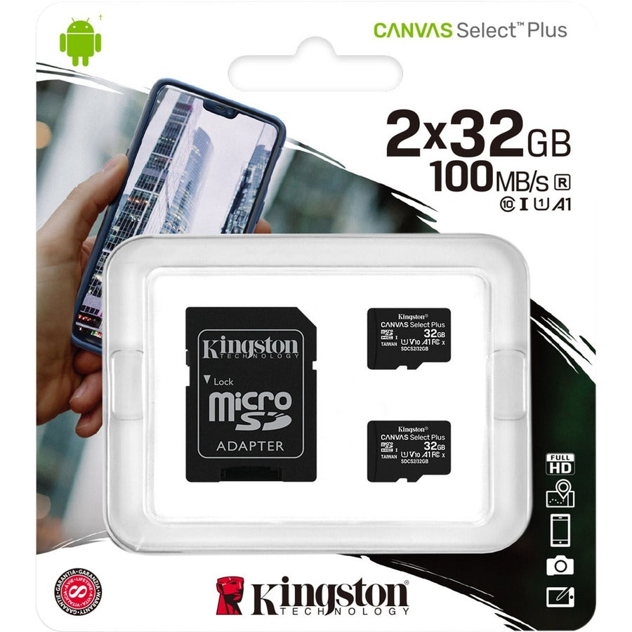 MicroSDHC Kingston Canvas Select Plus 32 Go Classe 10/UHS-I (U1) - Paquet de 2 SDCS2/32GB-2P1A