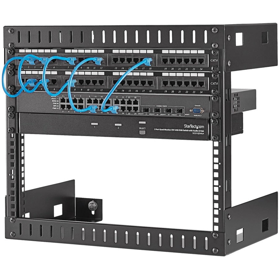 StarTech.com Rack réseau mural 8U 19", 12" de profondeur, 2 montants, cadre ouvert, pour salle de serveur, données/AV/informatique/équipement informatique/panneau de brassage avec écrous cage et vis, capacité de poids de 135 lb, noir RK812WALLO