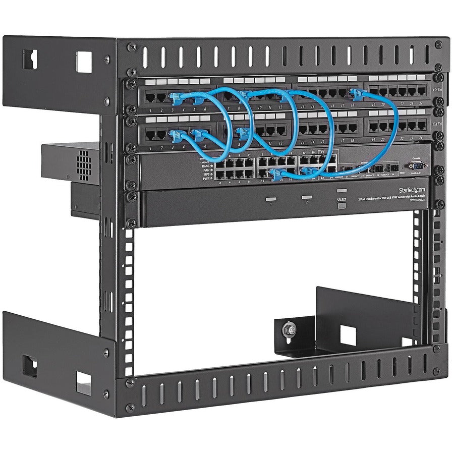 StarTech.com Rack réseau mural 8U 19", 12" de profondeur, 2 montants, cadre ouvert, pour salle de serveur, données/AV/informatique/équipement informatique/panneau de brassage avec écrous cage et vis, capacité de poids de 135 lb, noir RK812WALLO