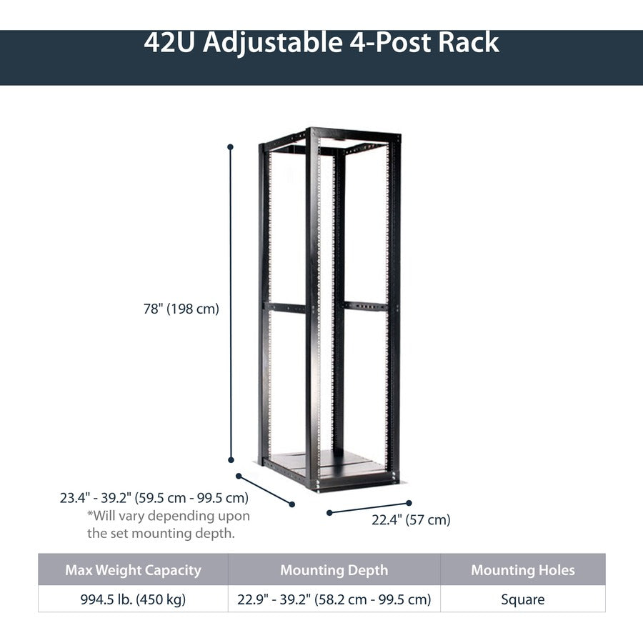 StarTech.com 42U 4 Post Open Frame Server Rack - Adjustable Floor Standing Data Rack - Computer / Network Cabinet (4POSTRACKBK) 4POSTRACKBK