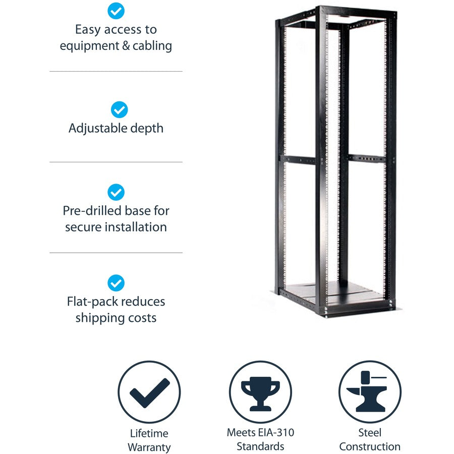 StarTech.com 42U 4 Post Open Frame Server Rack - Adjustable Floor Standing Data Rack - Computer / Network Cabinet (4POSTRACKBK) 4POSTRACKBK