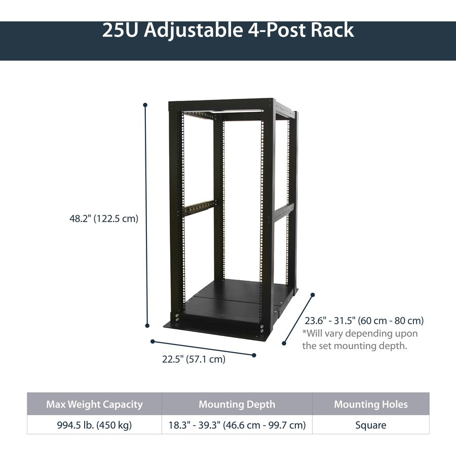 StarTech.com Rack à cadre ouvert à 4 montants - Armoire rack 25U - Rails de montage de gros calibre - Cadre ouvert - Rack serveur (4POSTRACK25) 4POSTRACK25