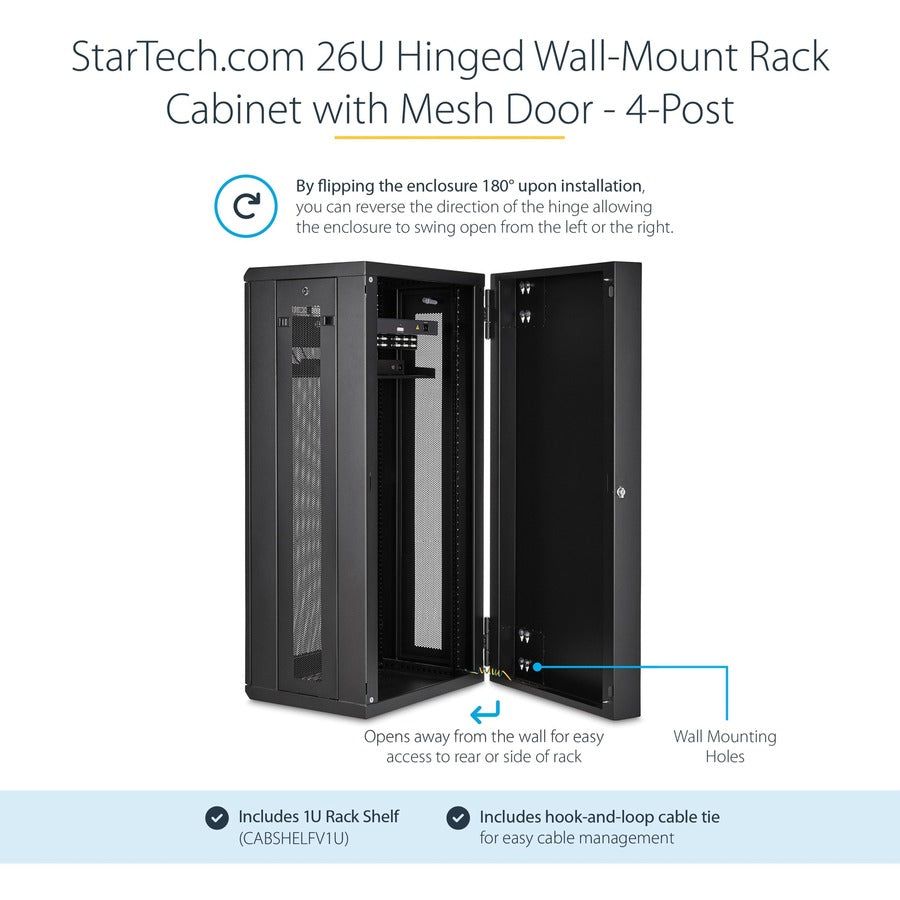 StarTech.com 26U 19" Wall Mount Network Cabinet - 16" Deep Hinged Locking Flexible IT Data Equipment Rack Vented Switch Enclosure w/Shelf RK2620WALHM