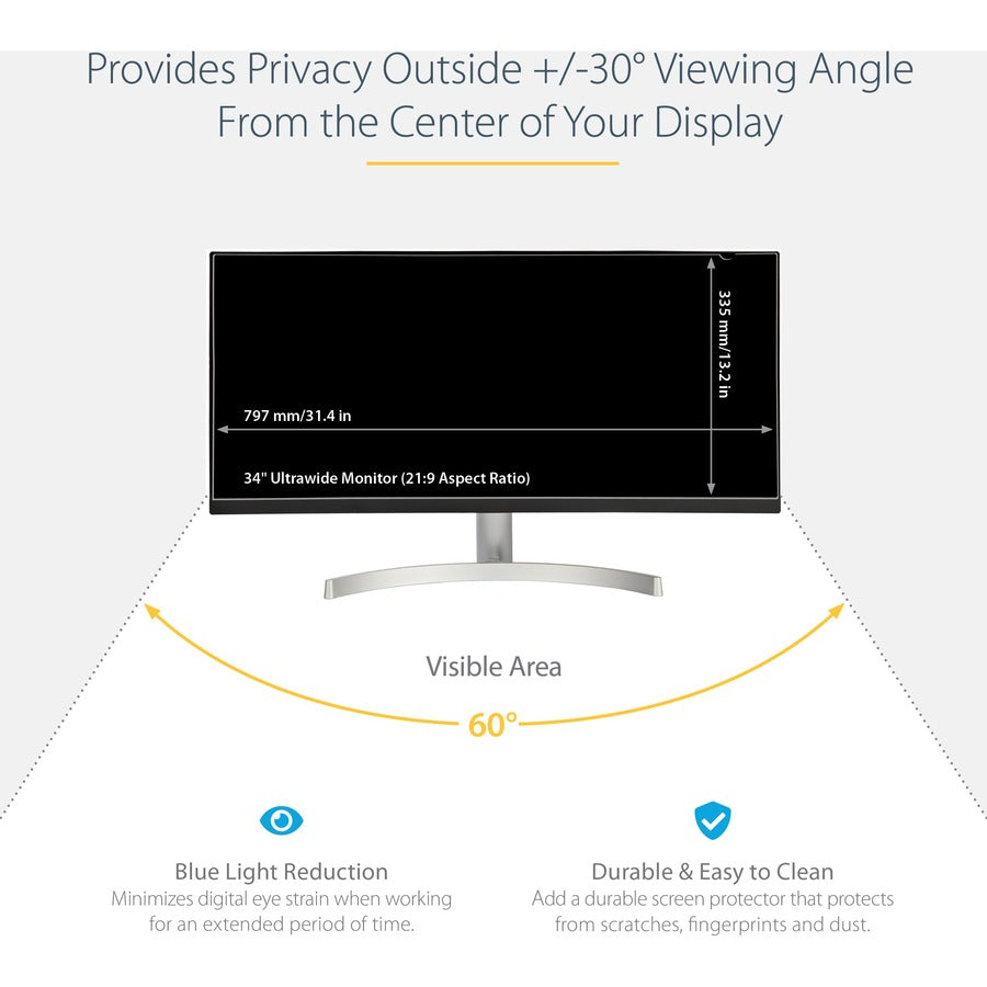 StarTech.com Monitor Privacy Screen for 34 inch Ultrawide Display, 21:9 Widescreen Computer Screen Security Filter, Blue Light Reducing PRIVSCNMON34W