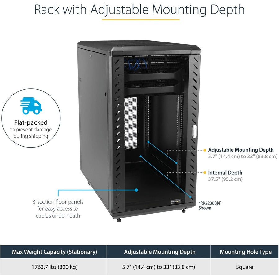 Startech 32U 19" Server Rack Cabinet, Adjustable Depth 6-32 inch, Flat Pack, Lockable 4-Post Network/Data Rack Enclosure with Casters RK3236BKF