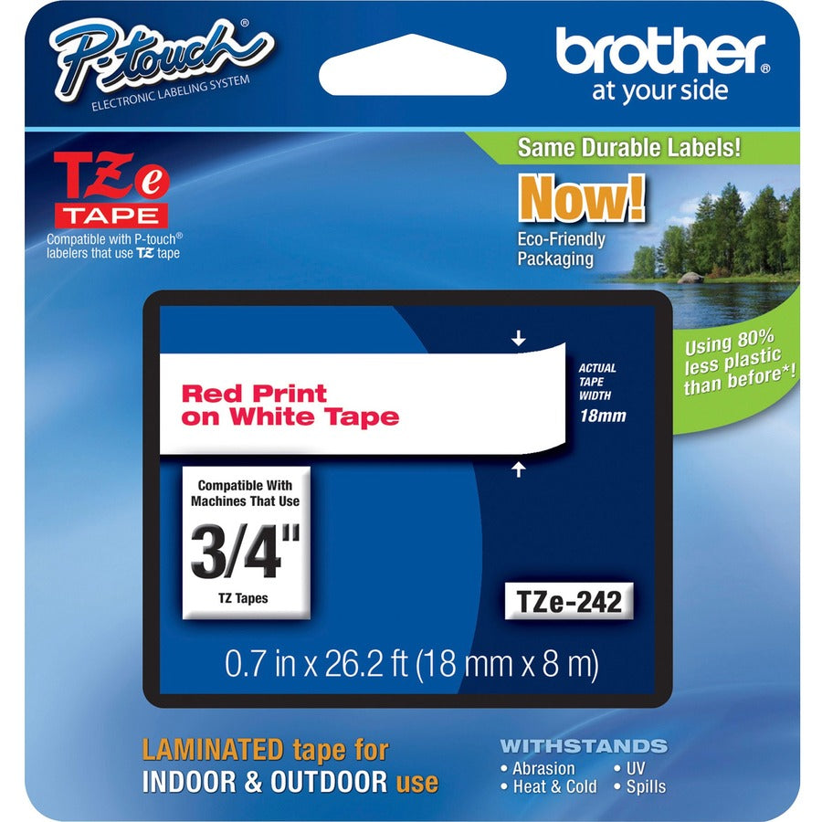 Brother 18mm (0.7") Red on White tape for P-Touch 8m (26.2 ft) TZE242