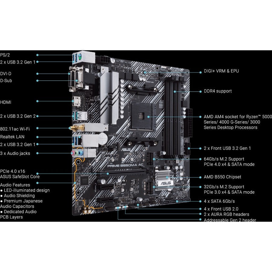 Carte mère de bureau Asus Prime B550M-A AC - Chipset AMD - Socket AM4 - Micro ATX PRIME B550M-A AC