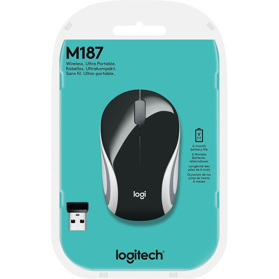 Logitech Mini souris sans fil M187 ultra portable, 2,4 GHz avec récepteur USB, suivi optique 1 000 DPI, 3 boutons, PC/Mac/ordinateur portable – Noir (avec bande blanche) 910-005459