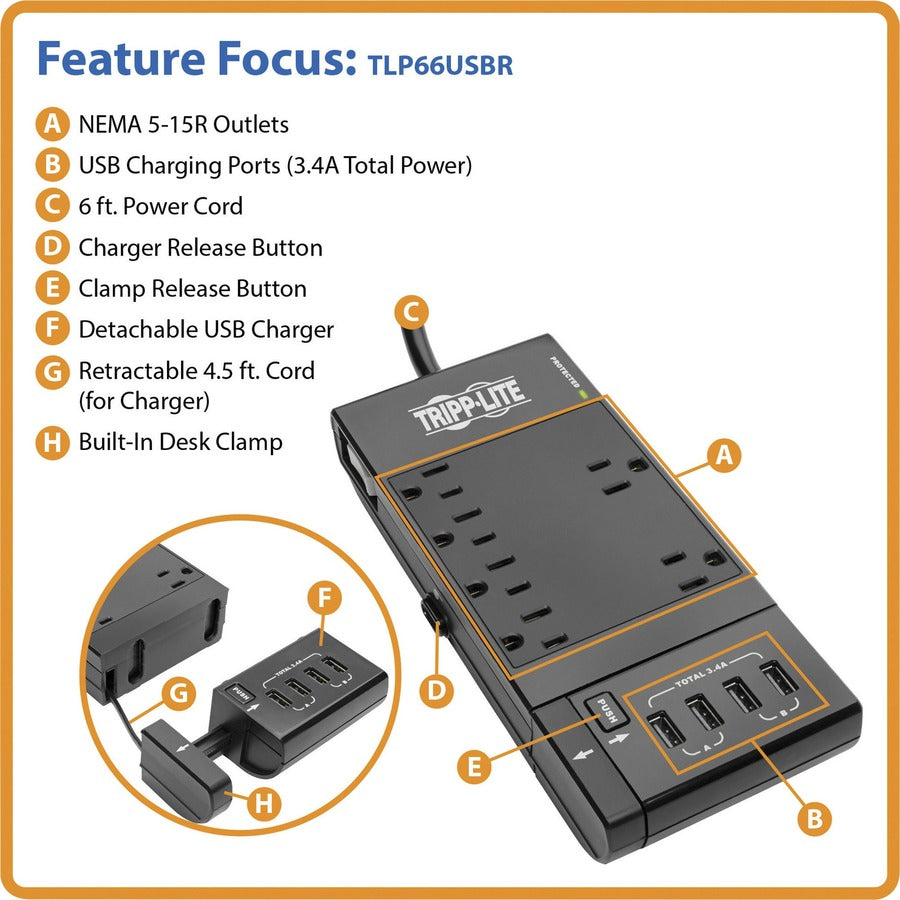 Tripp Lite Surge Protector Power Strip 6-Outlet w/4 USB Charging/Sync Ports - 6 x NEMA 5-15R, 4 x USB - 1800 VA - 1080 J - 120 V AC Input TLP66USBR