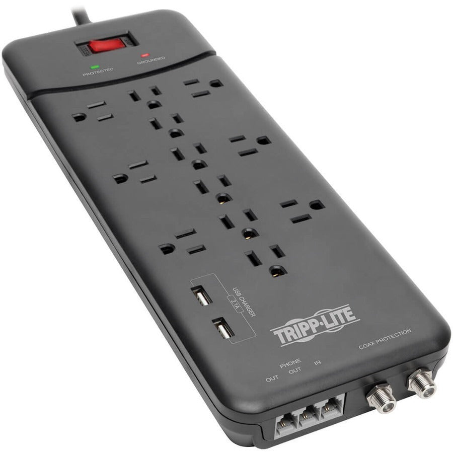 Tripp Lite Surge Protector Power Strip 12 Outlets, 2 USB Charging Ports Tel/Modem/Coax - 12 x NEMA 5-15R, 2 x USB - 1800 VA - 4320 J - 120 V AC Input - Phone/Fax/Modem/DSL, Coaxial Cable Line TLP128TTUSBB