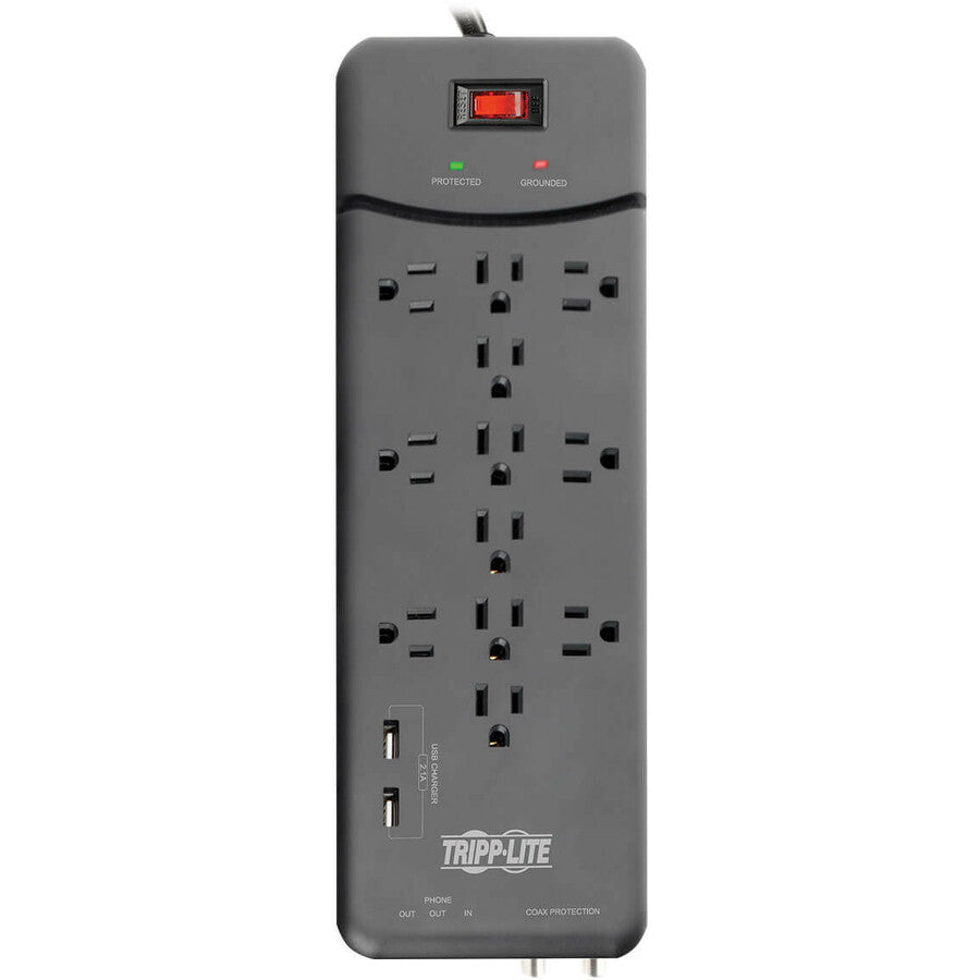 Tripp Lite Surge Protector Power Strip 12 Outlets, 2 USB Charging Ports Tel/Modem/Coax - 12 x NEMA 5-15R, 2 x USB - 1800 VA - 4320 J - 120 V AC Input - Phone/Fax/Modem/DSL, Coaxial Cable Line TLP128TTUSBB