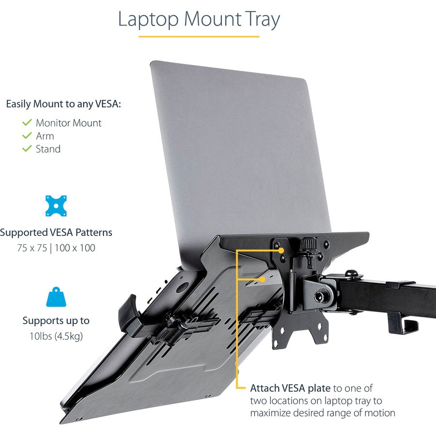 StarTech.com VESA Laptop Tray, Adjustable Monitor Arm Laptop Tray, Secures Notebooks up to 4.5kg (9.9lb), 75x75 & 100x100 VESA, Ventilated LAPTOP-ARM-TRAY