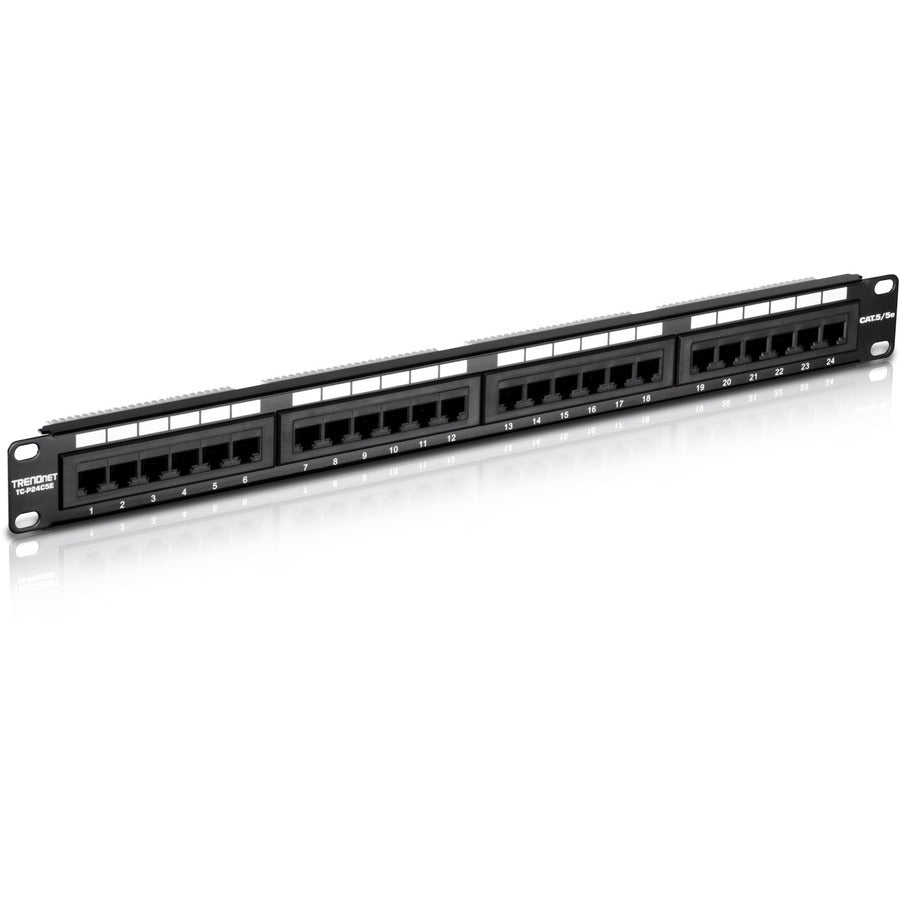 TRENDnet 24-Port Cat5-5e RJ-45 UTP Unshielded Patch Panel, Wallmount or Rackmount, 100Mhz, Color-Coded Labeling, Cat5,Cat5e,Cat4,Cat3 Compatible, 1U Rackmount, Black, TC-P24C5E TC-P24C5E