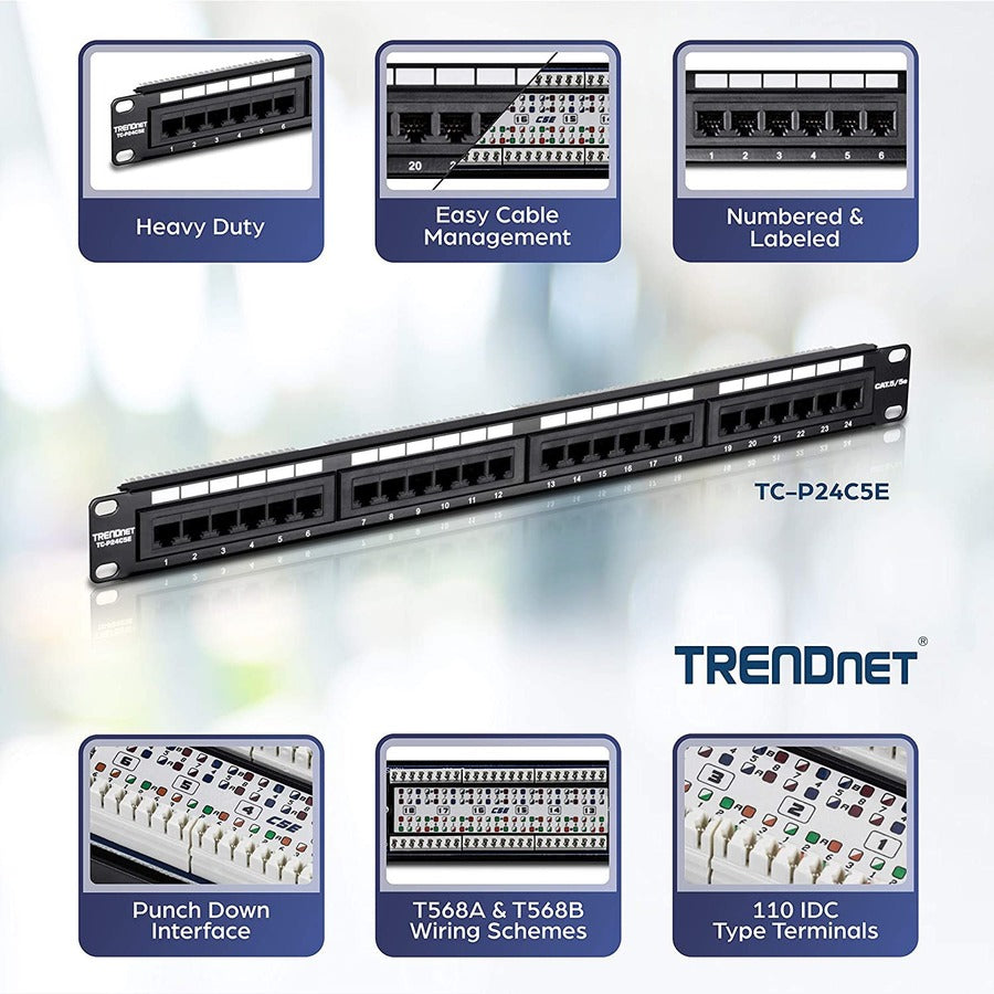 TRENDnet 24-Port Cat5-5e RJ-45 UTP Unshielded Patch Panel, Wallmount or Rackmount, 100Mhz, Color-Coded Labeling, Cat5,Cat5e,Cat4,Cat3 Compatible, 1U Rackmount, Black, TC-P24C5E TC-P24C5E