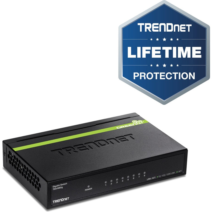 TRENDnet Commutateur métallique de bureau Gigabit GREENnet non géré à 8 ports, sans ventilateur, capacité de commutation de 16 Gbit/s, Plug &amp; Play, commutateur réseau Ethernet, protection à vie, noir, TEG-S80G TEG-S80G