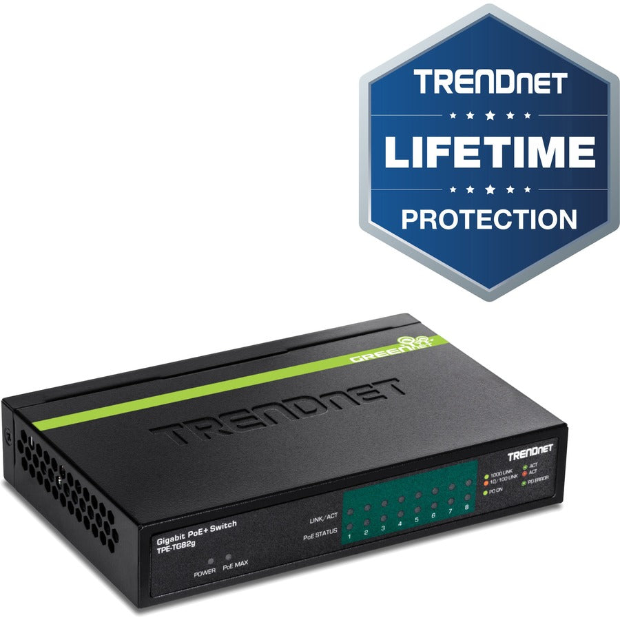 TRENDnet 8-Port GREENnet Gigabit PoE+ Switch, Supports PoE And PoE+ Devices, 61W PoE Budget, 16Gbps Switching Capacity, Data & Power Via Ethernet To PoE Access Points & IP Cameras, Black, TPE-TG82G TPE-TG82g