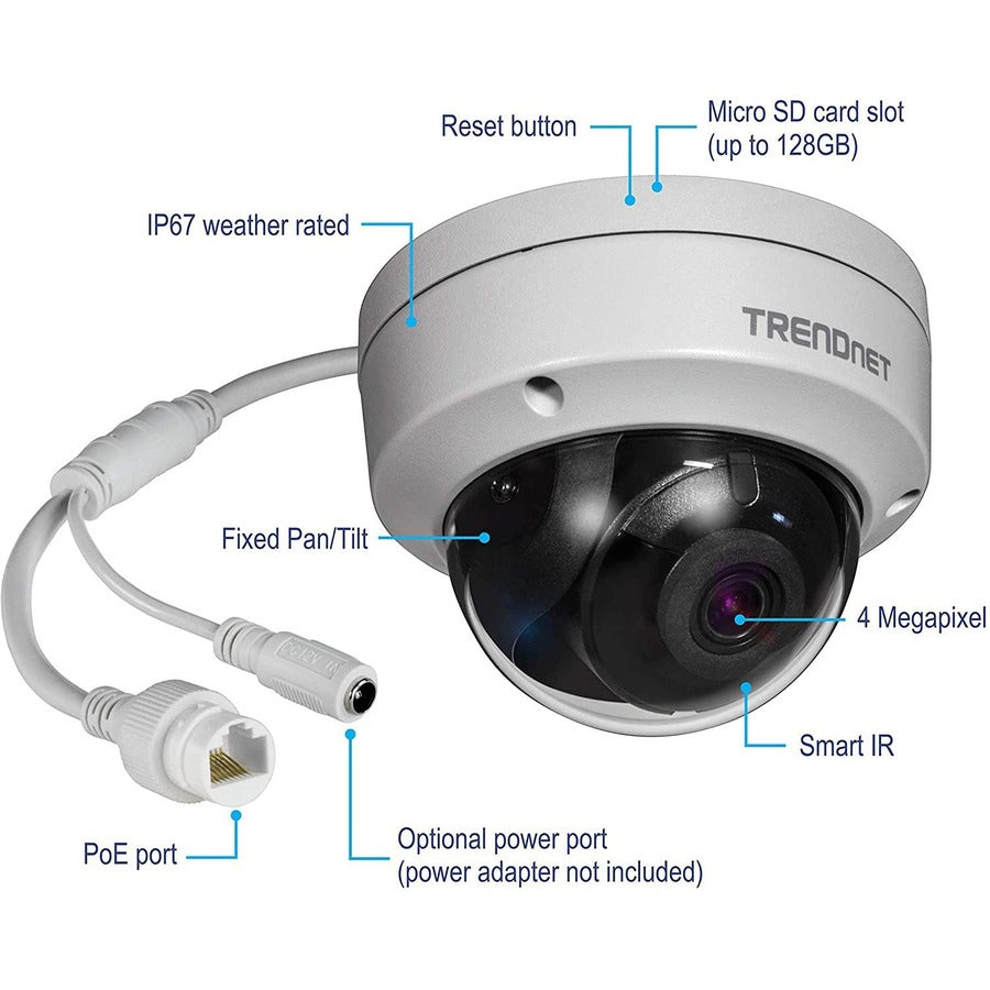 TRENDnet Caméra réseau dôme IR PoE HD 4 mégapixels intérieure et extérieure, WDR numérique, 2688 x 1520p, boîtier classé IP66, vision nocturne IR jusqu'à 30 m (98 pieds), ONVIF, IPv6, blanc, TV-IP315PI TV-IP315PI