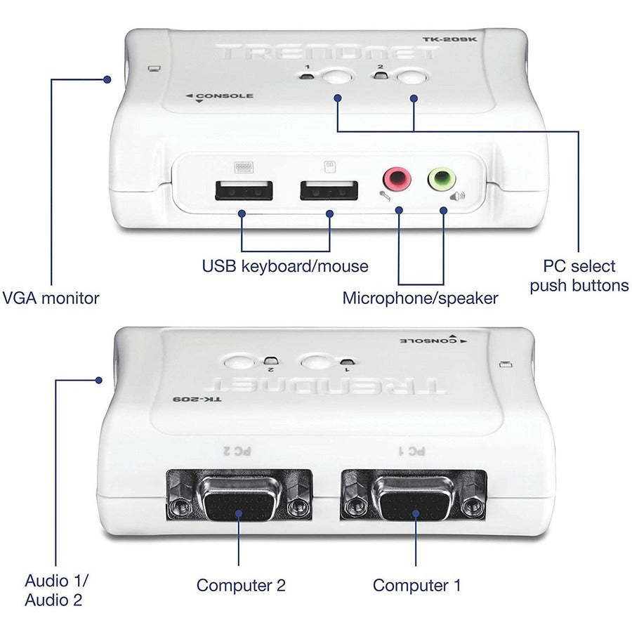 TRENDnet Kit commutateur KVM USB 2 ports et câble avec audio, gestion de deux PC, USB 1.1, hot-plug, auto-scan, raccourcis clavier, compatible Windows et Linux, TK-209K TK-209K