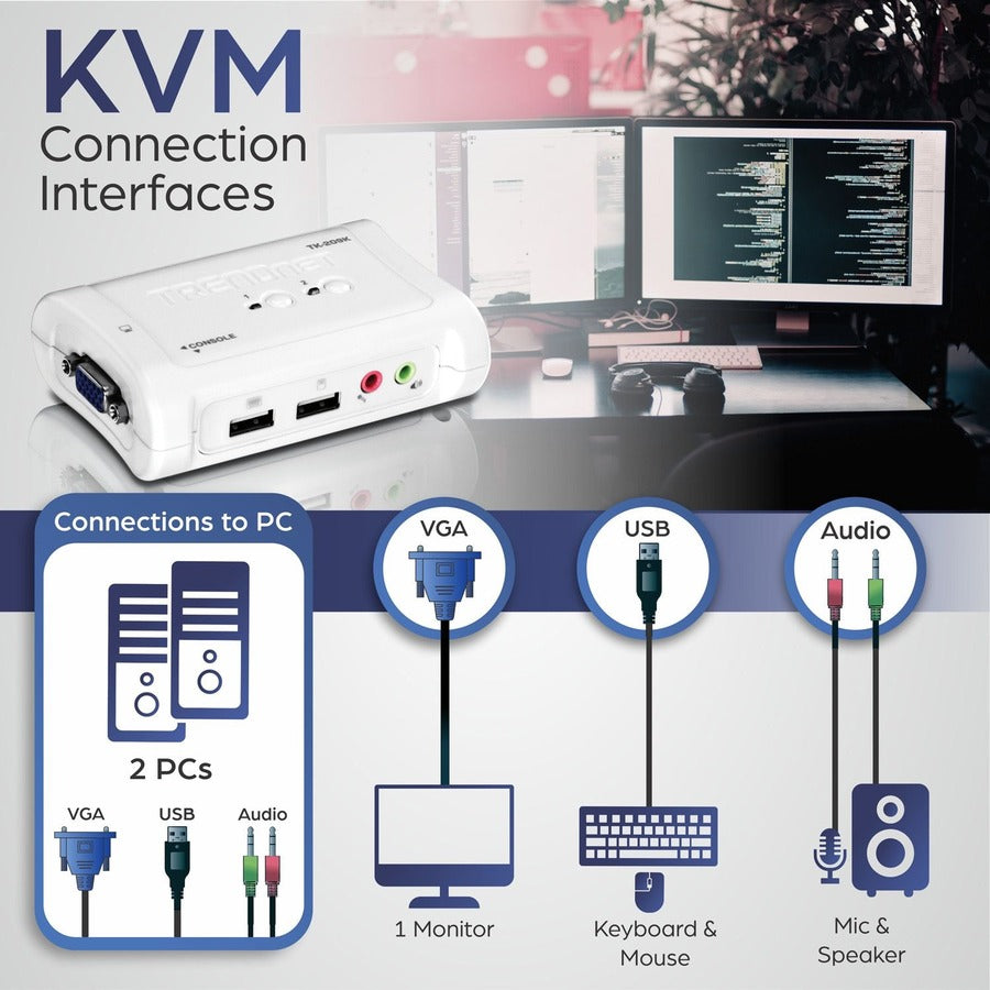 TRENDnet Kit commutateur KVM USB 2 ports et câble avec audio, gestion de deux PC, USB 1.1, hot-plug, auto-scan, raccourcis clavier, compatible Windows et Linux, TK-209K TK-209K