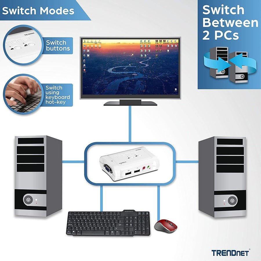 TRENDnet 2-Port USB KVM Switch and Cable Kit with Audio, Manage Two PCs, USB 1.1, Hot-Plug, Auto-Scan, Hot-Keys, Windows & Linux Compliant, TK-209K TK-209K