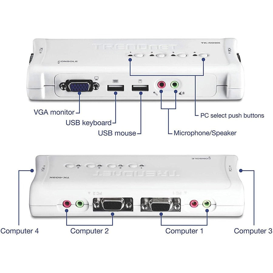 TRENDnet 4-Port USB KVM Switch and Cable Kit With Audio, Manage 4 Computers, USB Switch, Windows, Linux, Auto-Scan, Plug And Play, Hot Pluggable, 2048 x 1536 VGA Resolution, White, TK-409K TK-409K