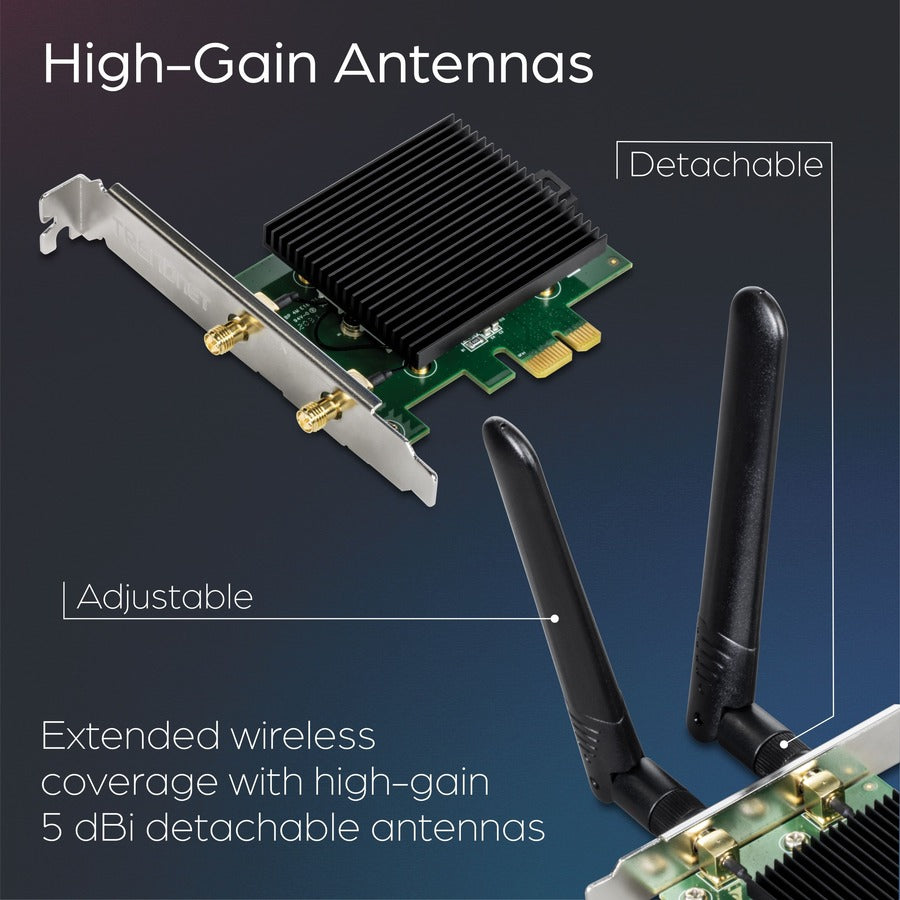 TRENDnet TEW-907ECH IEEE 802.11ax Bluetooth 5.2 Dual Band Wi-Fi/Bluetooth Combo Adapter for Desktop Computer - TAA Compliant TEW-907ECH