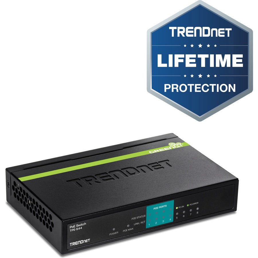 TRENDnet Switch PoE 8 ports 10/100 Mbps, 4 ports 10/100, 4 ports PoE 10/100, budget d'alimentation PoE 30 W, capacité de commutation 1,6 Gbit/s, 802.3af, protection à vie, noir, TPE-S44 TPE-S44