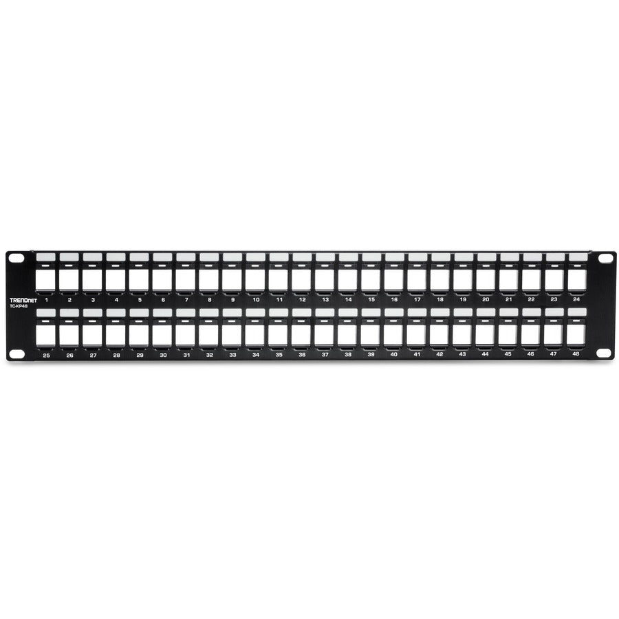 TRENDnet Panneau de brassage Keystone 2U HD vierge 48 ports, boîtier de montage en rack 2U 19", panneau de brassage réseau HD Keystone, recommandé avec les prises Keystone TC-K25C6 et TC-K50C6 Cat6 (vendues séparément), noir, TC-KP48 TC-KP48