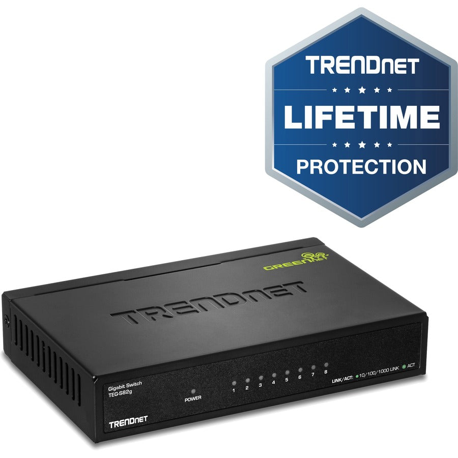 TRENDnet Switch GREENnet Gigabit 8 ports, commutateur réseau Ethernet, 8 ports Ethernet Gigabit 10-100-1000 Mbps, capacité de commutation 16 Gbps, métal, protection à vie, noir, TEG-S82G TEG-S82g