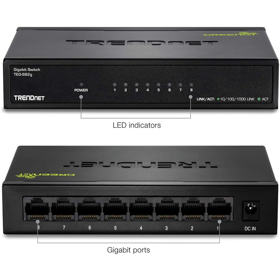 TRENDnet 8-Port Gigabit GREENnet Switch, Ethernet Network Switch, 8 x 10-100-1000 Mbps Gigabit Ethernet Ports, 16 Gbps Switching Capacity, Metal, Lifetime Protection, Black, TEG-S82G TEG-S82g