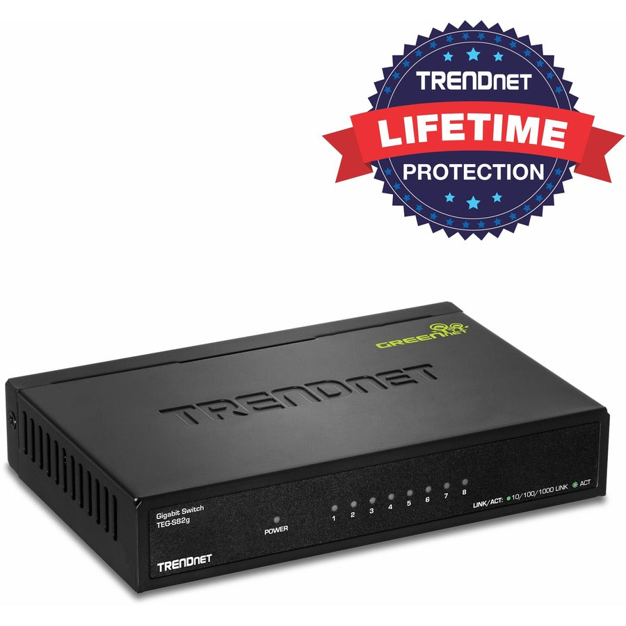 TRENDnet Switch GREENnet Gigabit 8 ports, commutateur réseau Ethernet, 8 ports Ethernet Gigabit 10-100-1000 Mbps, capacité de commutation 16 Gbps, métal, protection à vie, noir, TEG-S82G TEG-S82g