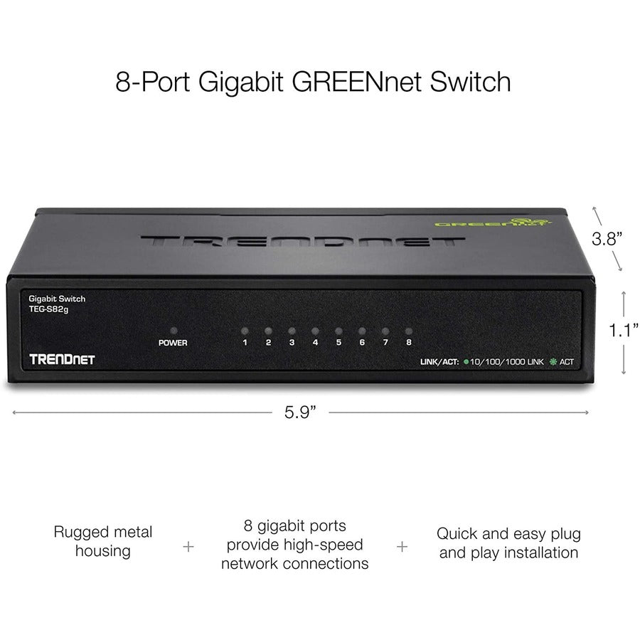 TRENDnet 8-Port Gigabit GREENnet Switch, Ethernet Network Switch, 8 x 10-100-1000 Mbps Gigabit Ethernet Ports, 16 Gbps Switching Capacity, Metal, Lifetime Protection, Black, TEG-S82G TEG-S82g