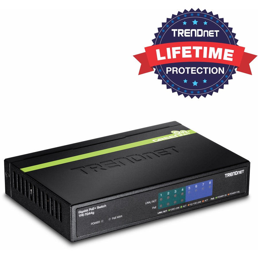 TRENDnet 8-Port Gigabit GREENnet PoE+ Switch, 4 x Gigabit PoE-PoE+ Ports, 4 x Gigabit Ports, 61W Power Budget, 16 Gbps Switch Capacity, Ethernet Unmanaged Switch, Lifetime Protection, Black, TPE-TG44G TPE-TG44g