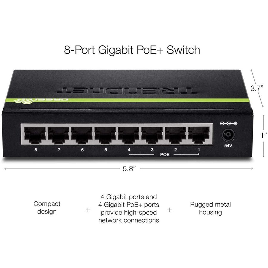 TRENDnet Switch Gigabit GREENnet PoE+ 8 ports, 4 ports Gigabit PoE-PoE+, 4 x ports Gigabit, budget d'alimentation 61 W, capacité de commutation 16 Gbit/s, commutateur Ethernet non géré, protection à vie, noir, TPE-TG44G TPE-TG44g