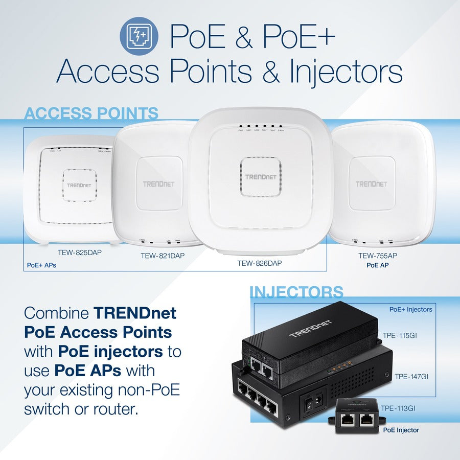 Injecteur TRENDnet Gigabit Power Over Ethernet Plus, convertit le Gigabit non Poe en Poe+ ou PoE Gigabit, fournit des distances de réseau d'alimentation PoE (15,4 W) ou PoE+ (30 W) jusqu'à 100 m (328 pieds), noir, TPE-115GI TPE-115Gi