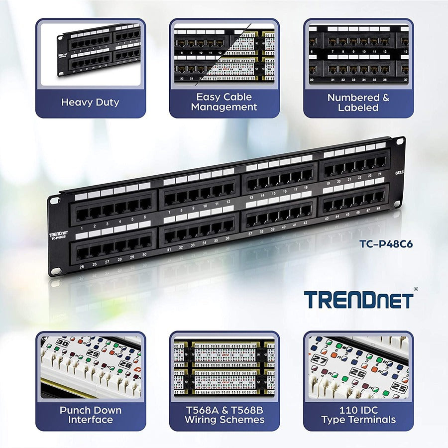 Panneau de brassage non blindé TRENDnet 48 ports Cat6, montage mural ou en rack, compatible avec le câblage Cat3,4,5,5e,6, pour Ethernet, Fast Ethernet, applications Gigabit, noir, TC-P48C6 TC-P48C6