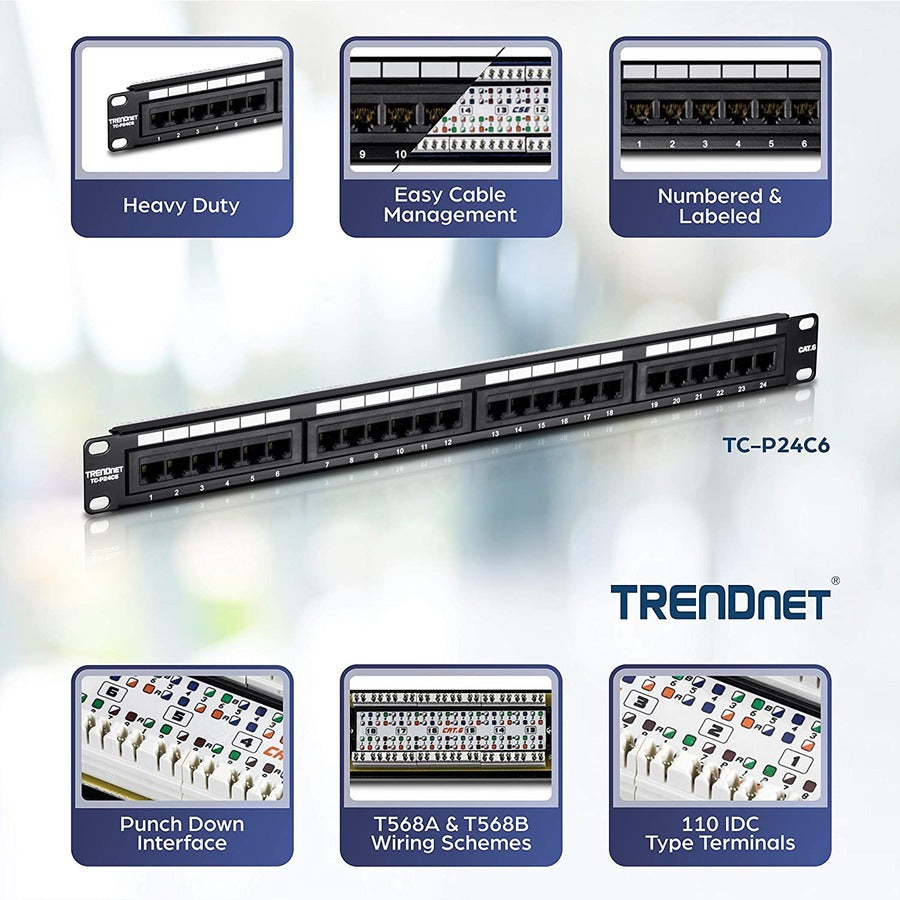 TRENDnet 24-Port Cat6A Shielded 1U Patch Panel, 19" 1U Rackmount Housing, Compatible With Cat5e, Cat6, And Cat6A Cabling, Ethernet Cable Management, Color Coded Labeling, Black, TC-P24C6AS TC-P24C6