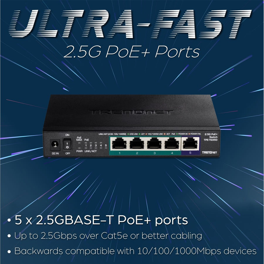 TRENDnet 5-Port Unmanaged 2.5G PoE+ Switch TPE-TG350