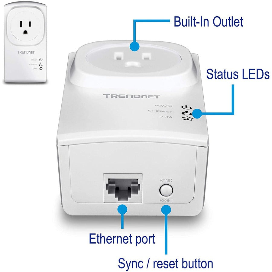 TRENDnet Powerline 500 AV Nano Adapter Kit With Built-In Outlet, Power Outlet Pass-Through, Includes 2 x TPL-407E Adapters, Plug & Play, Ideal For Smart TVs, Gaming, White, TPL-407E2K TPL-407E2K