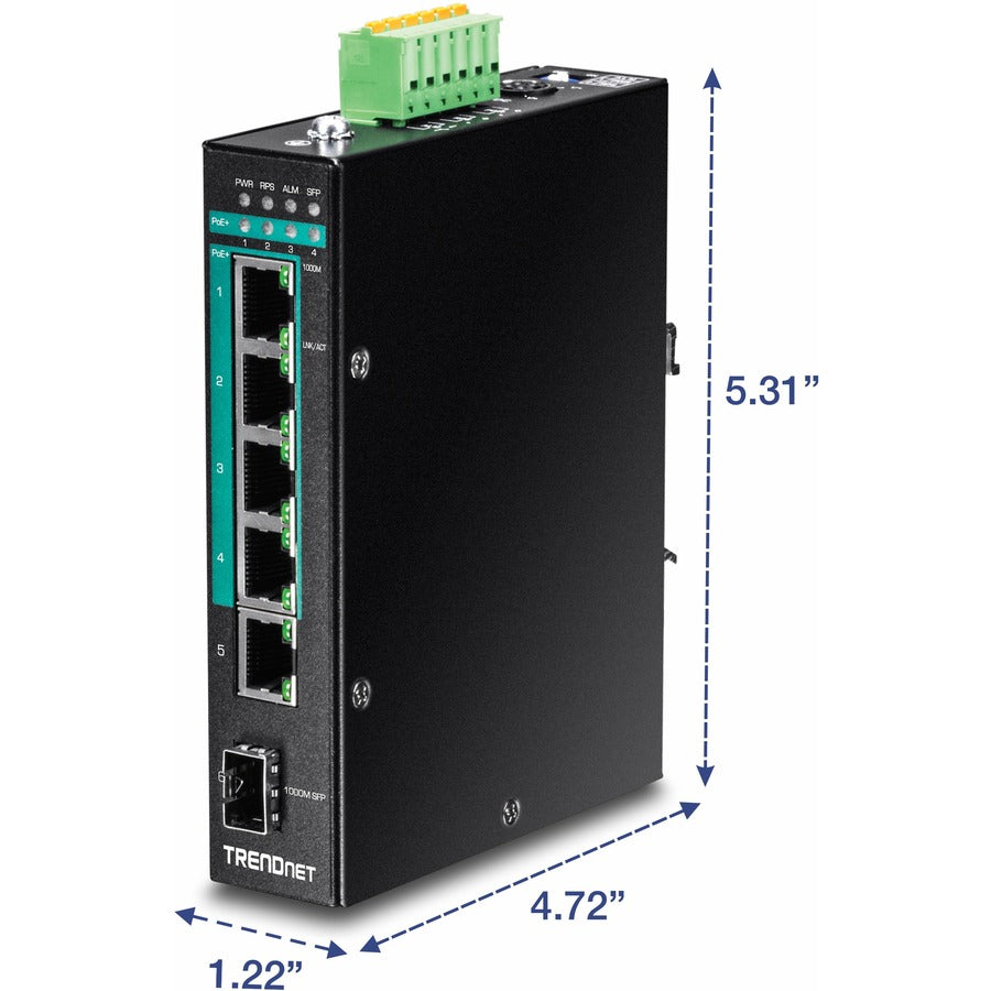 TRENDnet Commutateur rail DIN administrable Gigabit Poe+ couche 2 industriel renforcé à 6 ports, 4 ports Gigabit PoE+ 802.3at, 1 x port Gigabit, 1 x emplacement SFP Gigabit, budget d'alimentation 120 W, noir, TI-PG541i TI-PG541i